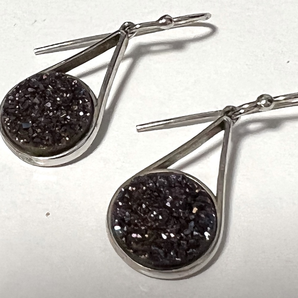 Iridescent black druzy earrings set in sterling silver